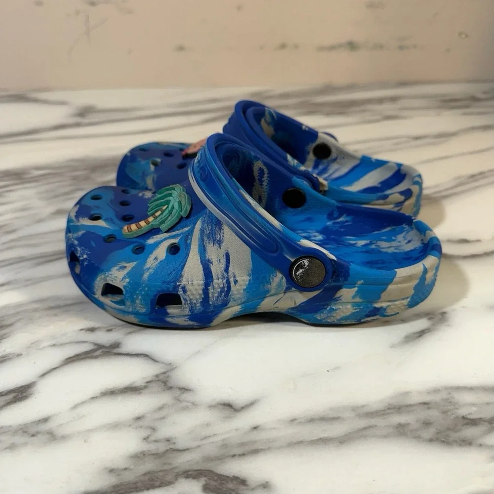 CROCS Kids Sz 13 Classic Marbled Clogs Blue & White Tie Dye Slip On Shoes